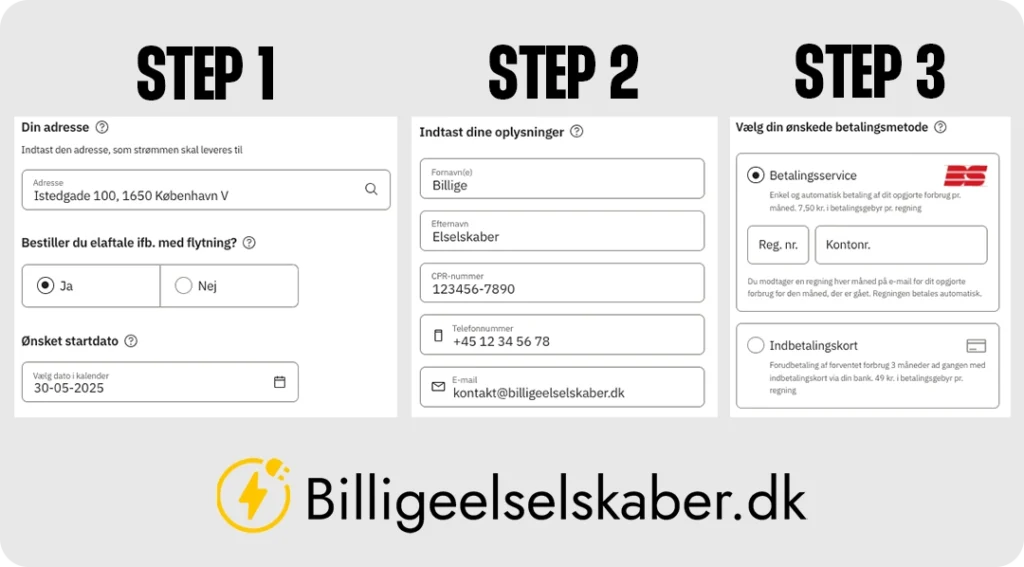 Tilmeld elselskab formular i 3 trin - sådan vil det se ud når du skal tilmelde eller flytte elselskab
